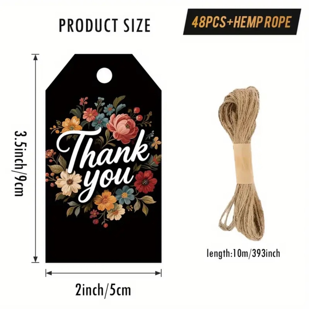 PRICE IS FIRM - Set of 48 Piece Floral Black ‘Thank You’ Tags with Hemp Rope - Picture 2 of 2